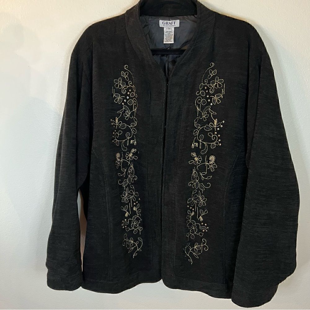Vintage Graft Blazer Women Size 3X Black With Gold Embroidery Fully Lined